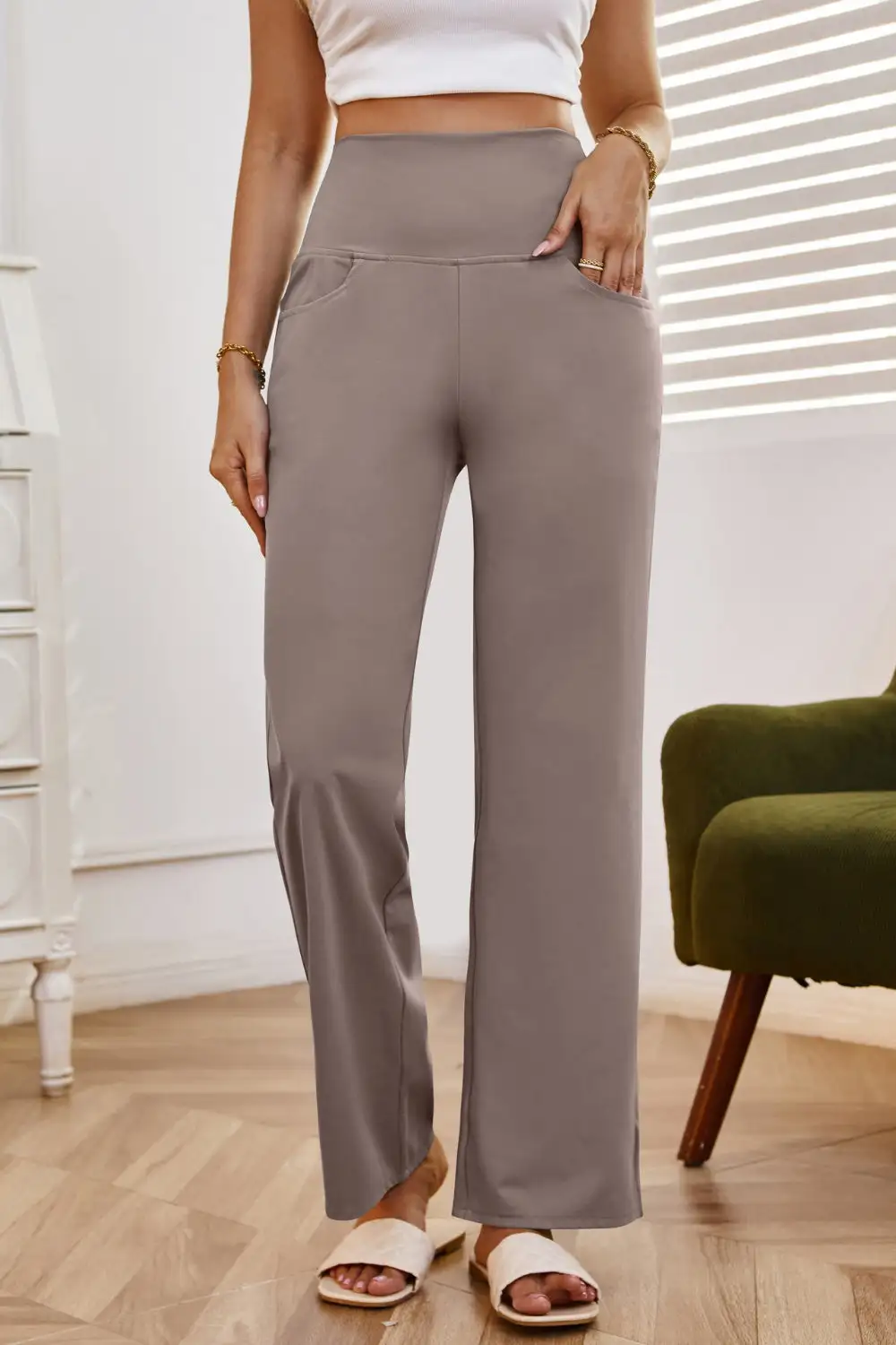 Relaxed High Waist Wide Leg Pants With Pocket