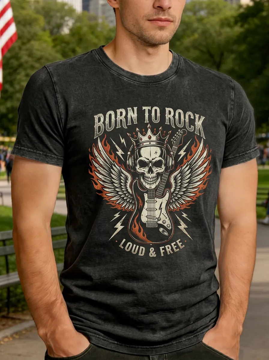 Men's Rock Music Lover Skull Guitar Wings Printed T-shirt