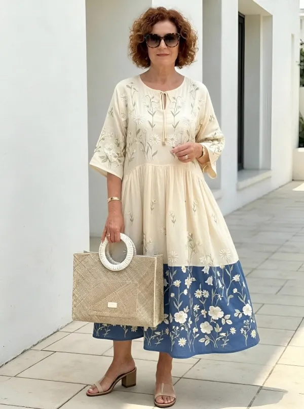Women's Summer Vacation White Daisy Floral Embroidered Printed Dress