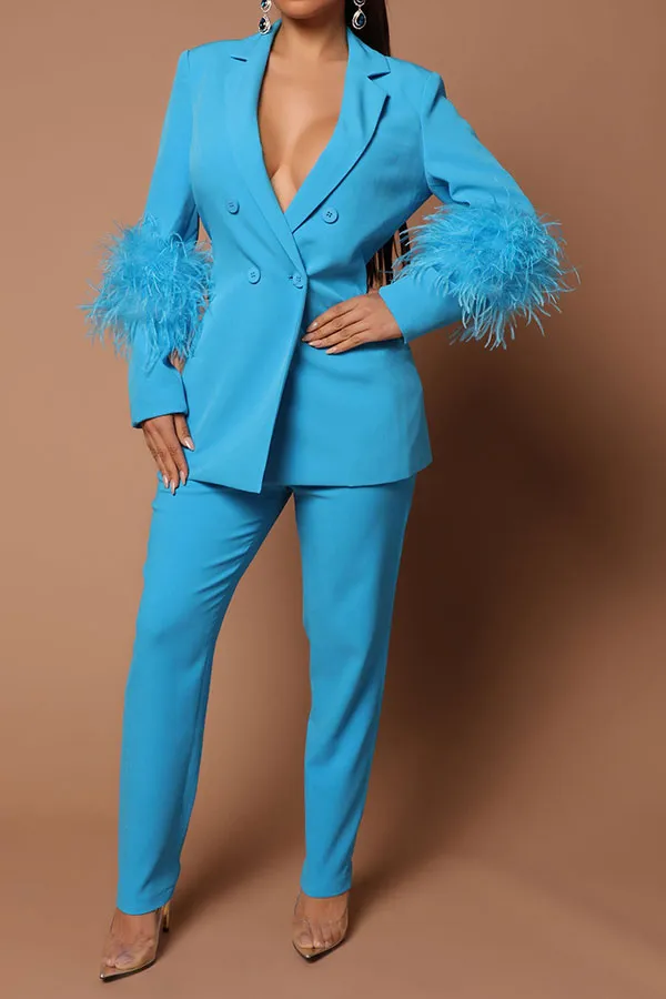 Feather Trim Stylish Pant Suit