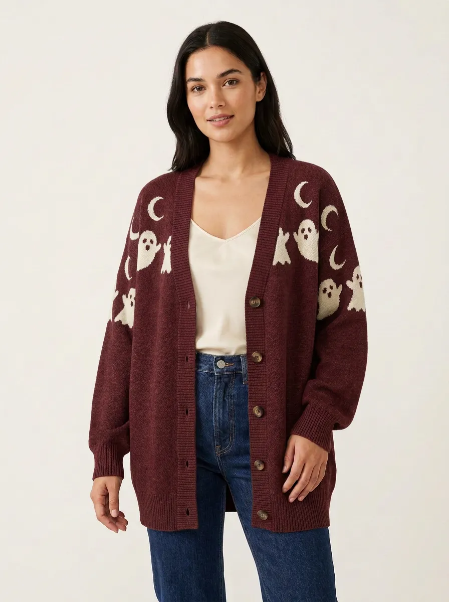 Women's Halloween Ghost Moon Pattern Knitted Cardigan