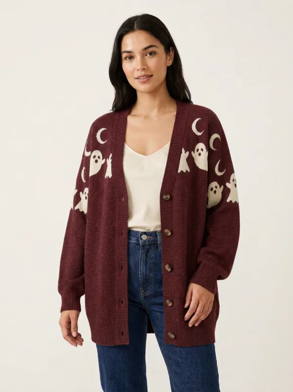 Women's Halloween Ghost Moon Pattern Knitted Cardigan