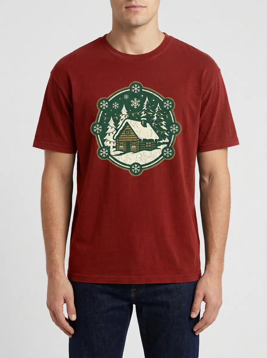 Men's Christmas Snowy Cabin Pine Tree Printed T-Shirt