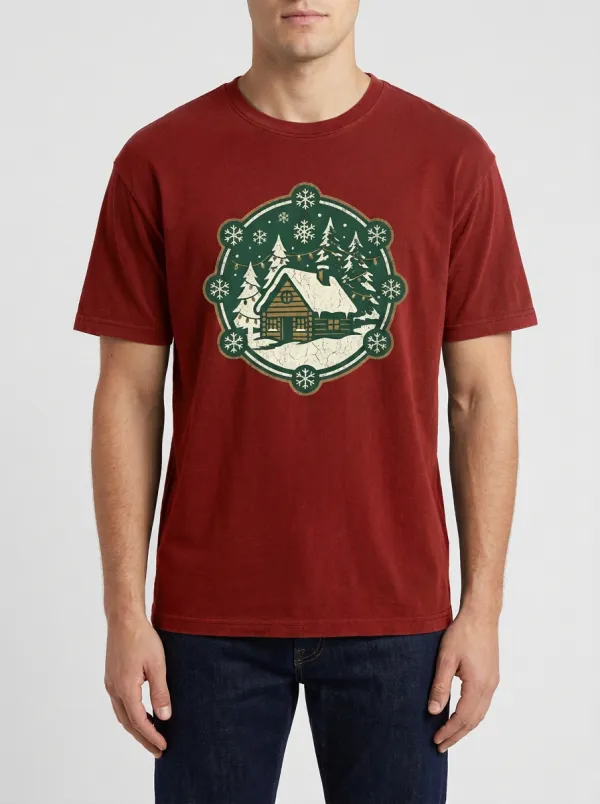 Men's Christmas Snowy Cabin Pine Tree Printed T-Shirt
