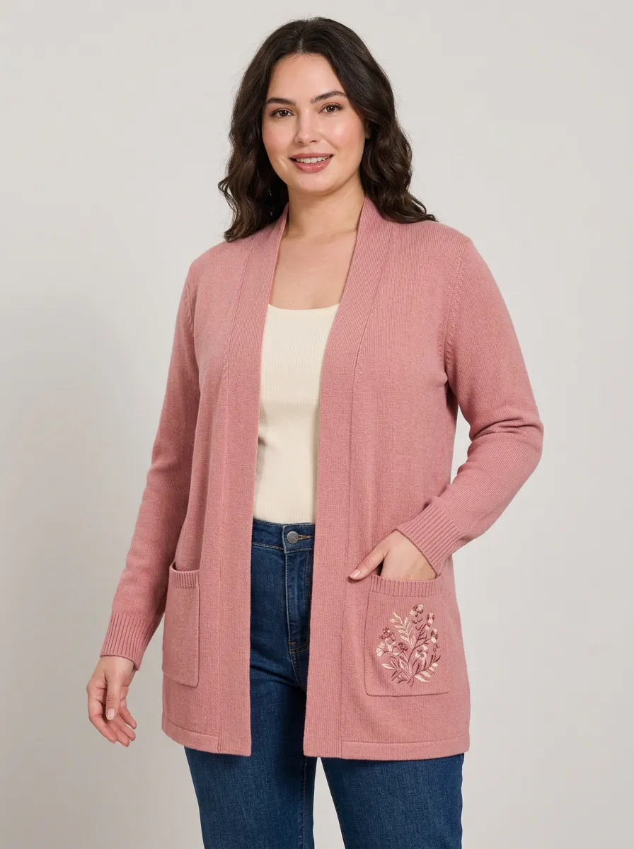 Women's Floral Embroidery Pink Open Front Knit Cardigan