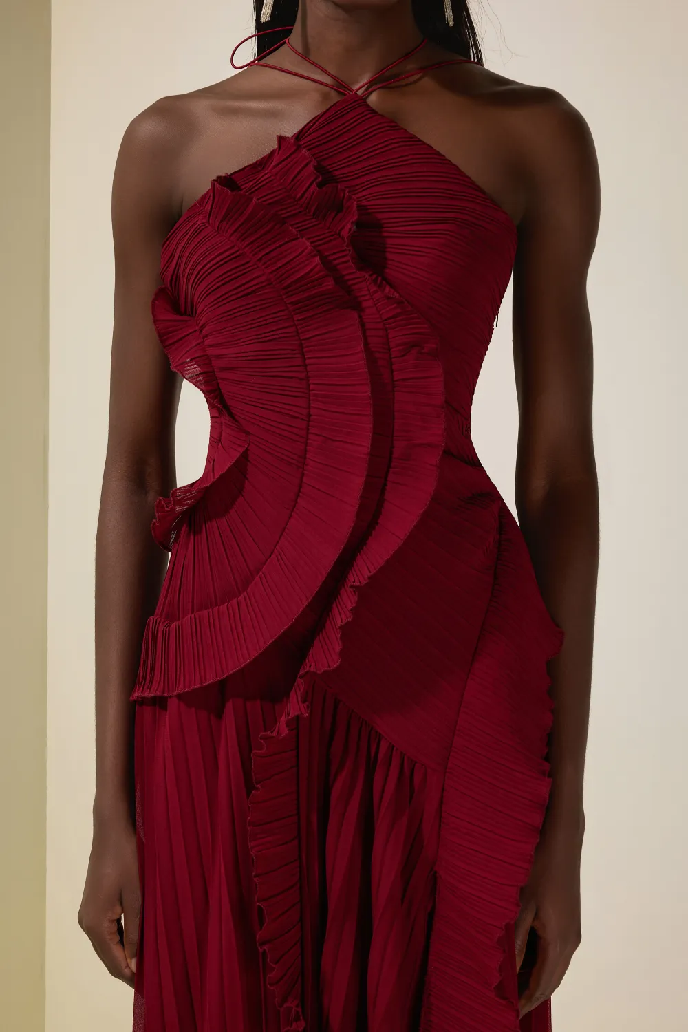 Pleated Frill Halter Neck Midi Dress