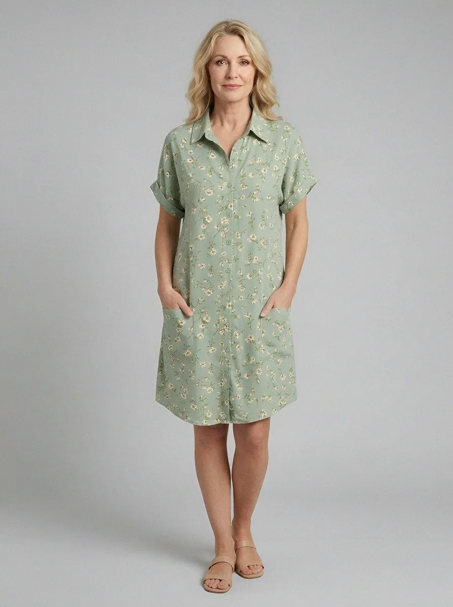 Women's Summer Vacation Sage Green Floral Printed Shirt Dress