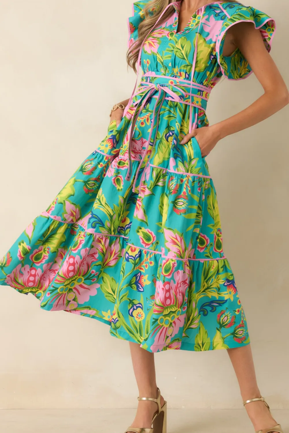 Color Blocking Floral Midi Dress