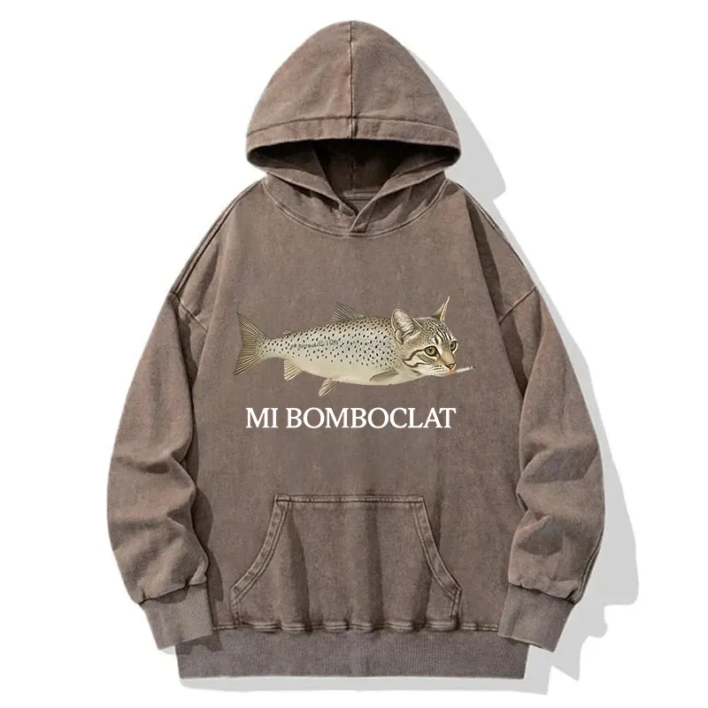 Fish Cat Meme Washed Hoodie