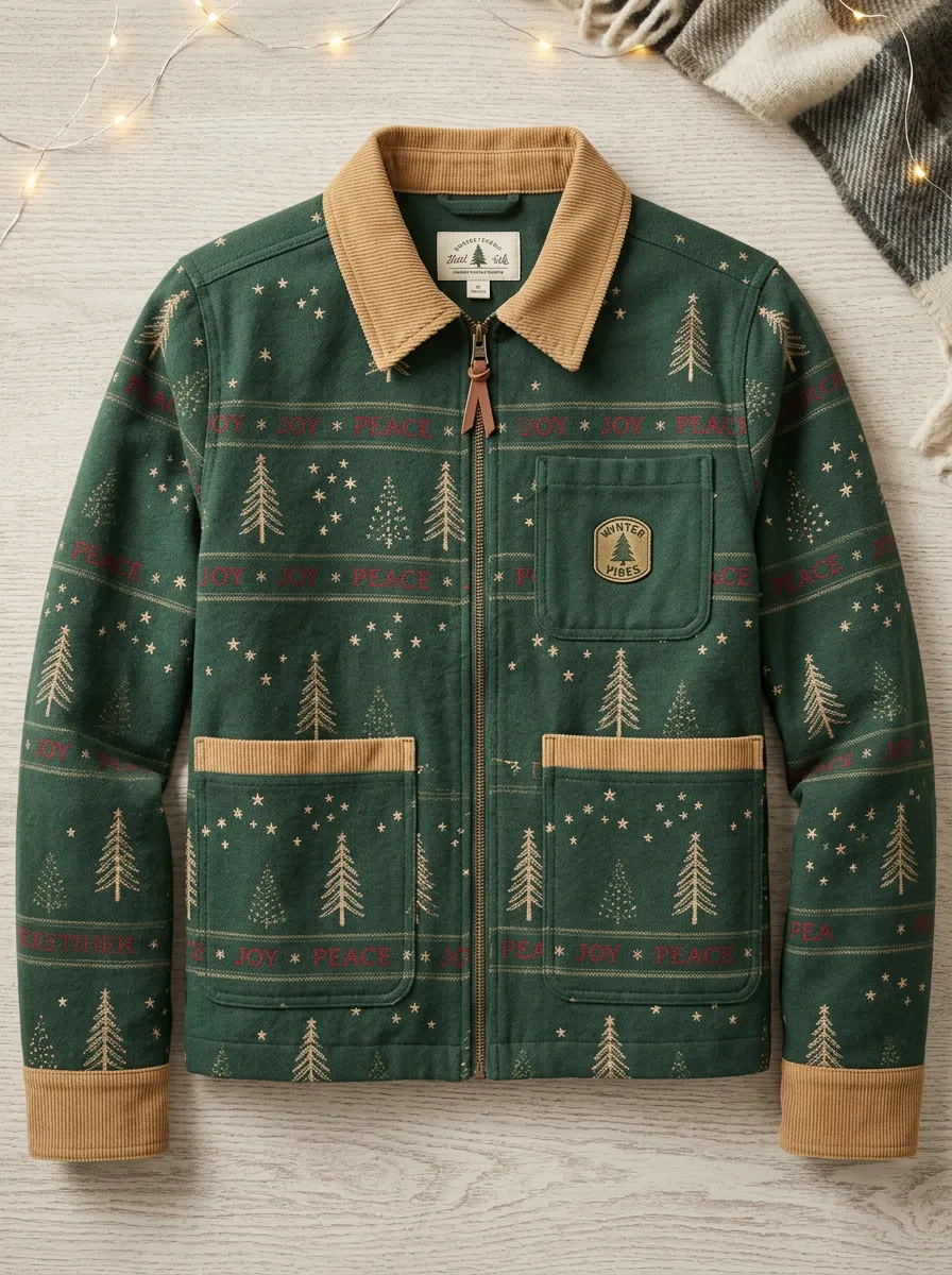 Unisex Christmas Joy Peace Pine Tree Print Corduroy Jacket