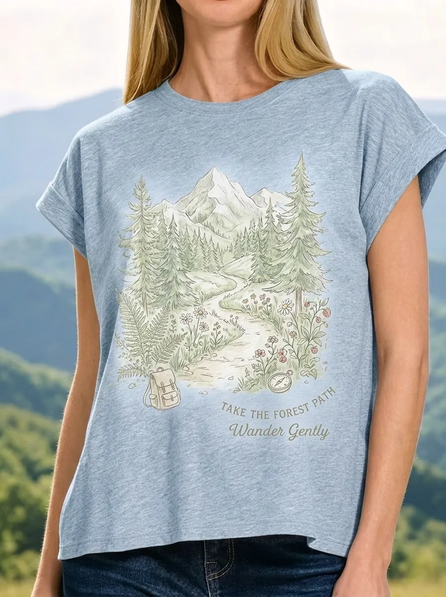 Women's Nature Hiking Lover Mountain Forest Path Printed T-shirt