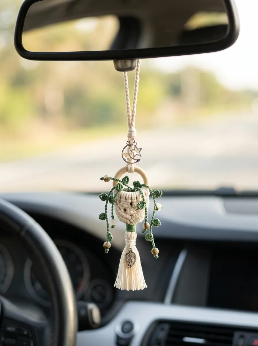 Macrame Moon-Star Plant Rearview Mirror Hanging Ornament