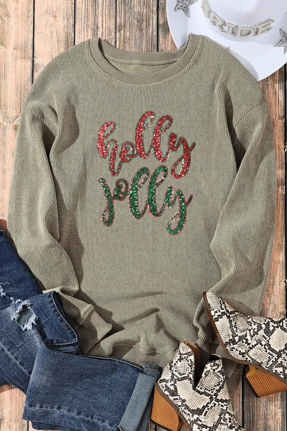 Sequined Holly Jolly Graphic Corded Sweatshirt