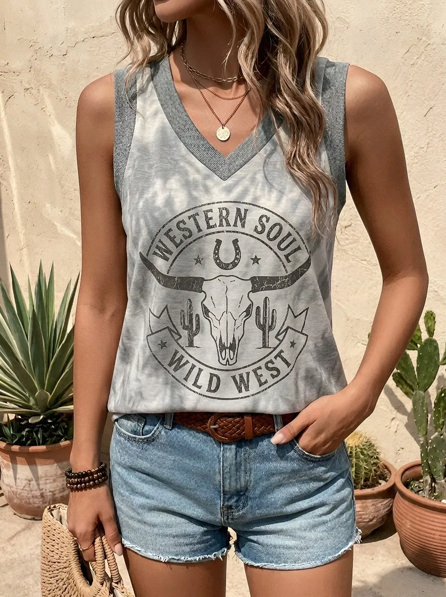 Women's Western Soul Wild West Cow Skull Printed V-Neck Tank Top