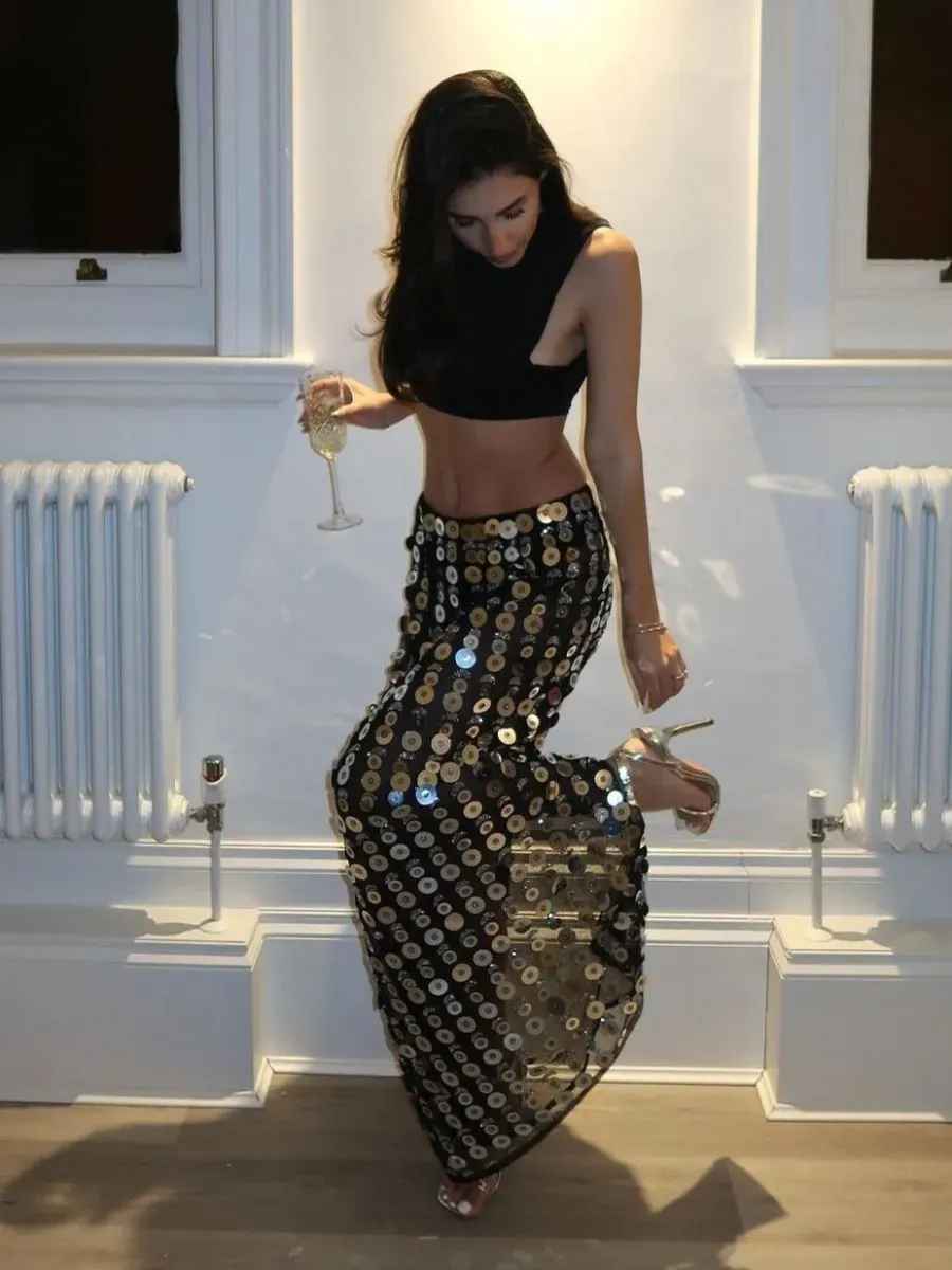 Marisol Sequin Disc Mesh Maxi Skirt in Black