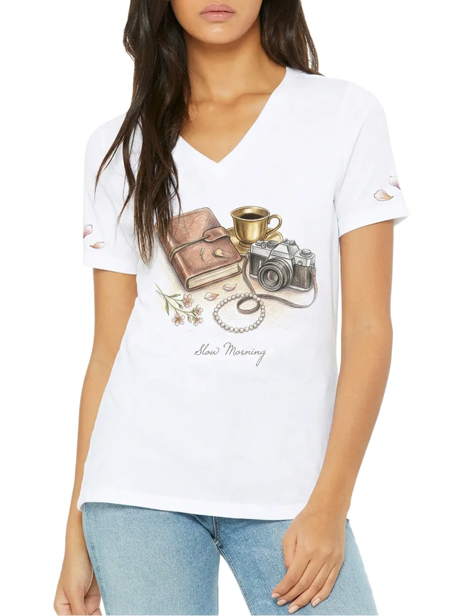 Women's Slow Morning Camera Coffee Book Printed V-neck T-shirt