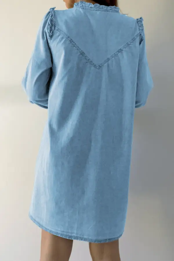 Daytime Denim Look Ruffle Trim Button Front Mini Dress