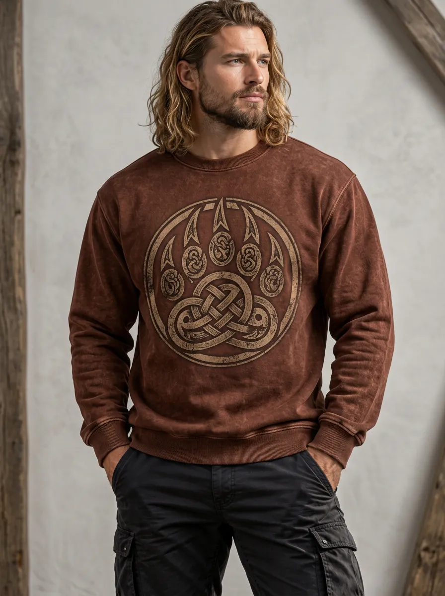Men's Viking-Inspired Bear Paw Celtic Knot Crewneck Sweatshirt