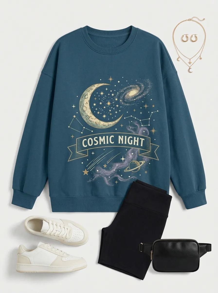 Women's Astronomy Lover Cosmic Night Moon Stars Printed T-shirt