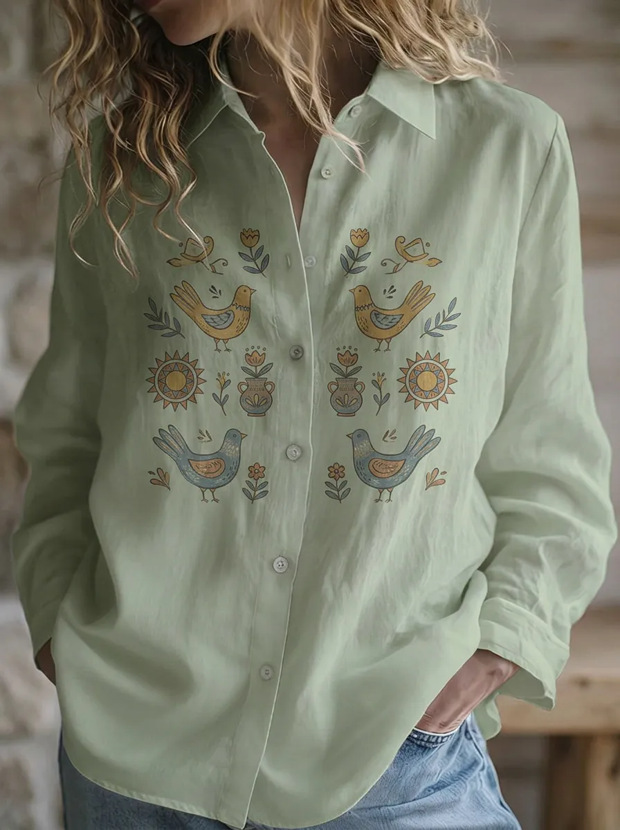 Women's Folk Art Bird and Floral Printed Button-up Shirt