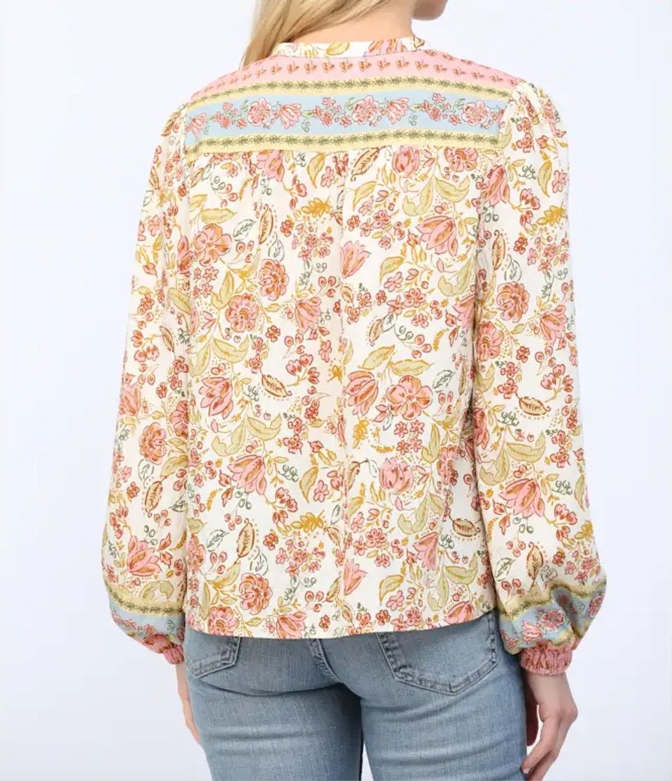 Border Print Peasant Blouse