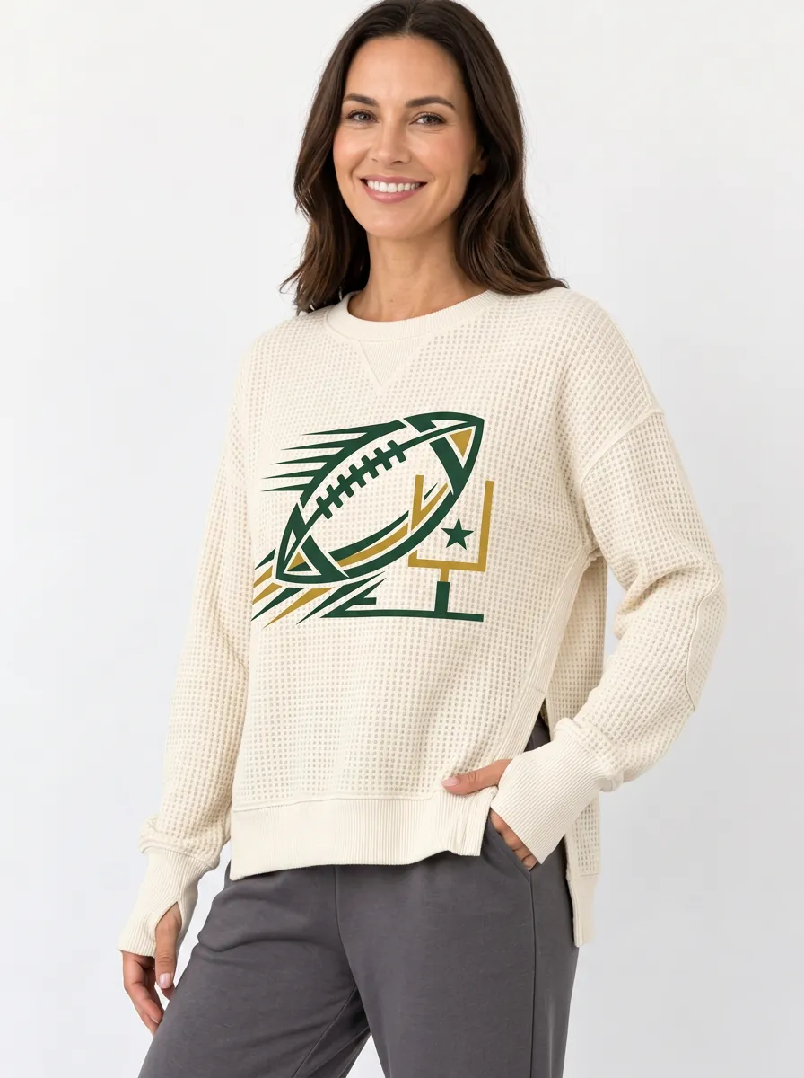 Women's Flying Ball Goalpost Graphic Dropped-Shoulder Thumbhole-Cuff Waffle-Knit Crewneck Sweatshirt