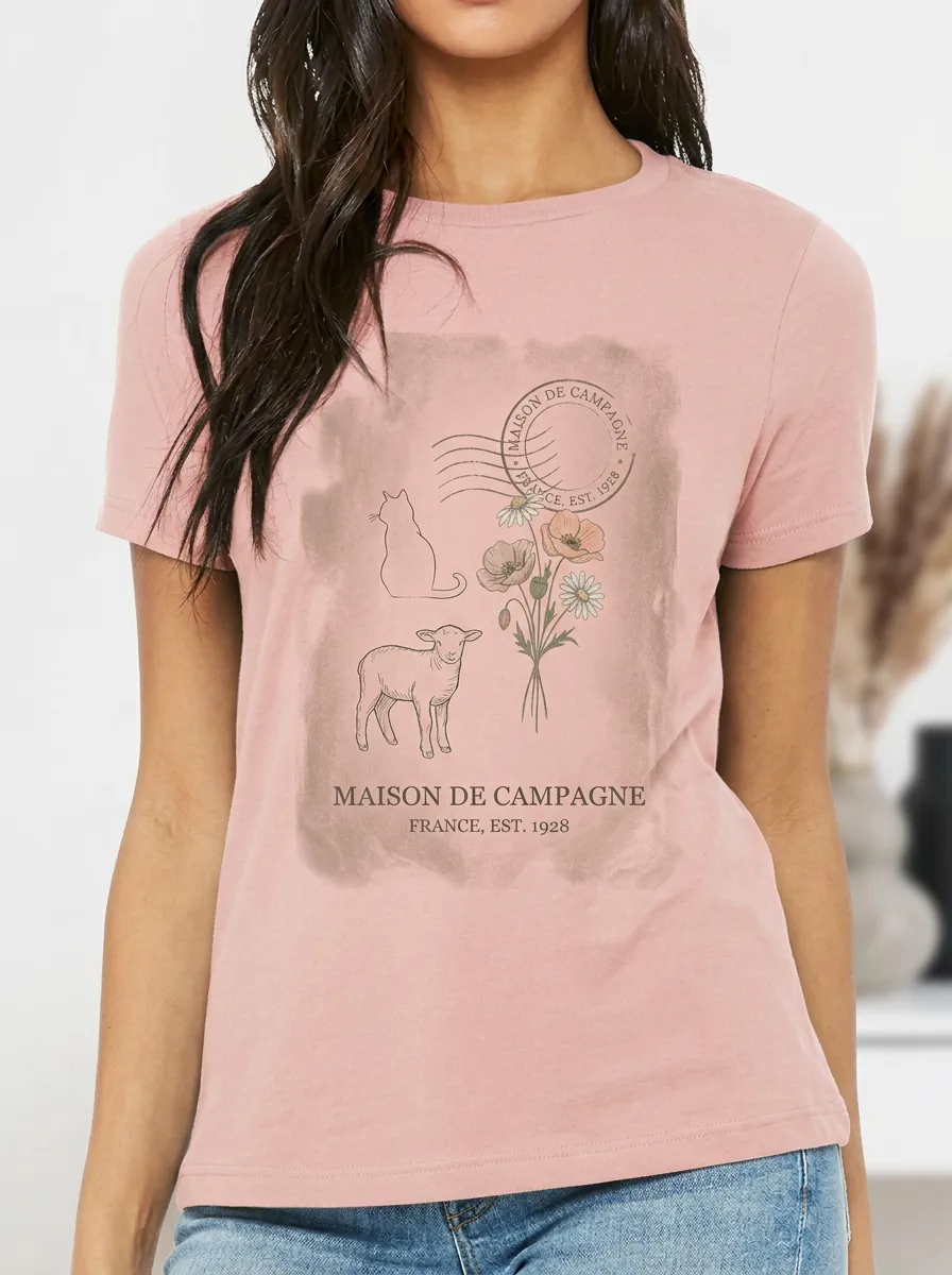 Women's French Countryside Cat Lamb Floral Printed T-shirt