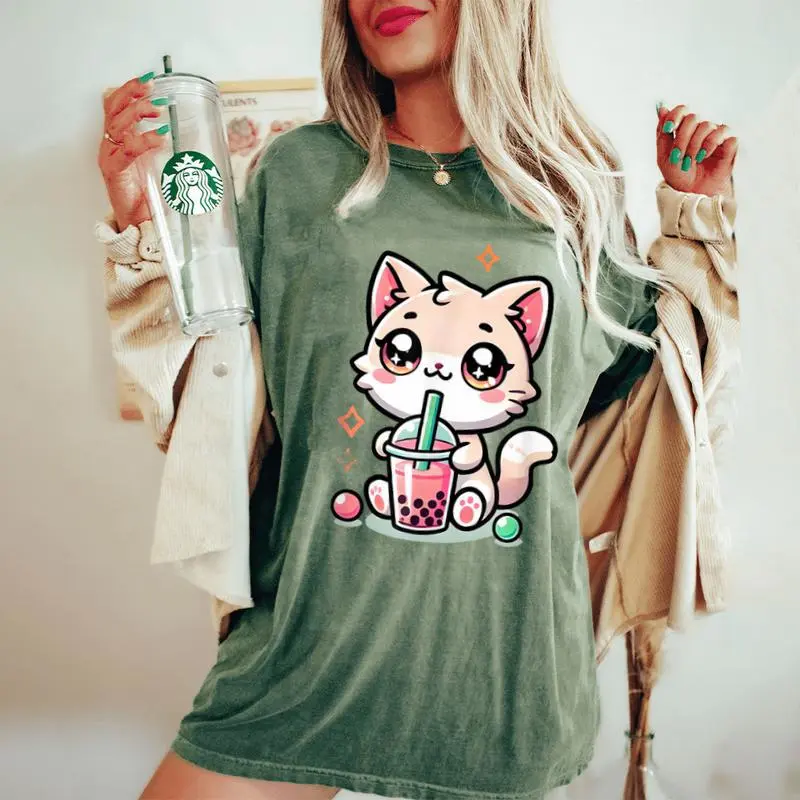 Cute Cat Boba Tea Bubble Tea Anime Kawaii Neko Girls Women's Oversized Comfort T-Shirt