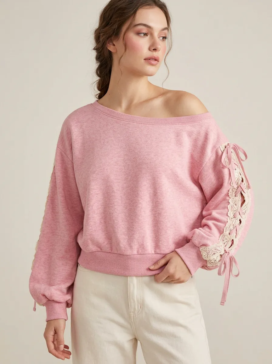 Women's Pink Lace-Up Sleeve Off-Shoulder Sweatshirt Top