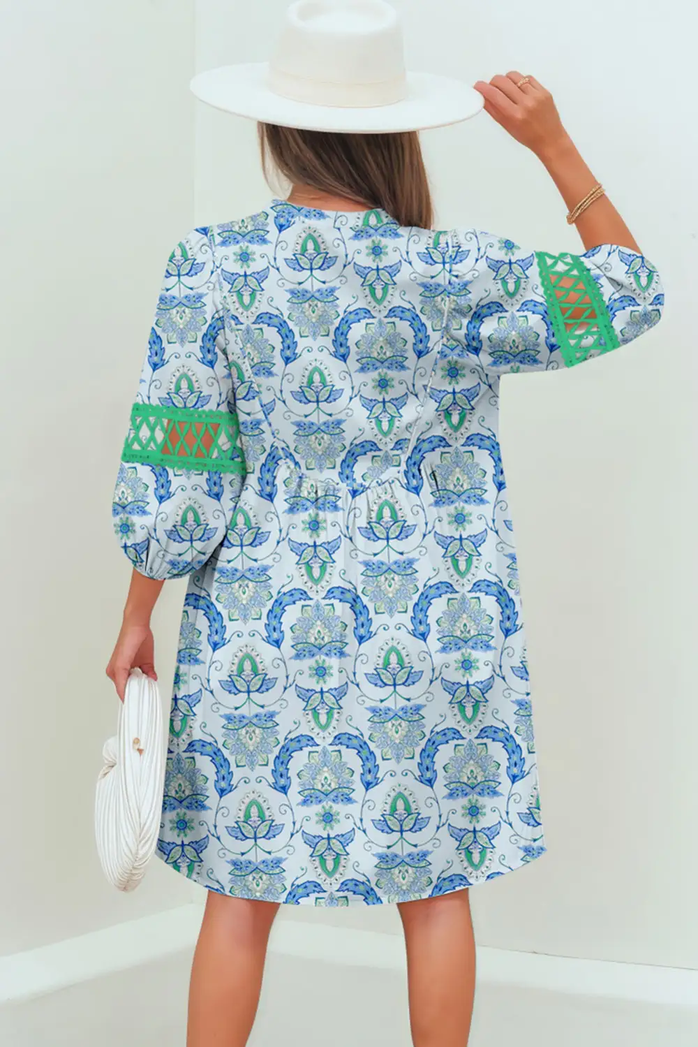 Sky Boho Paisley Print Contrasted Patchwork Detail Bracelet Sleeve Loose Mini Dress
