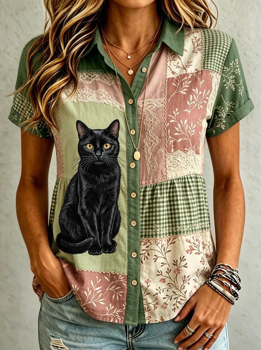 Women's Cat Lover Black Cat Patchwork Printed Cotton Linen Shirt