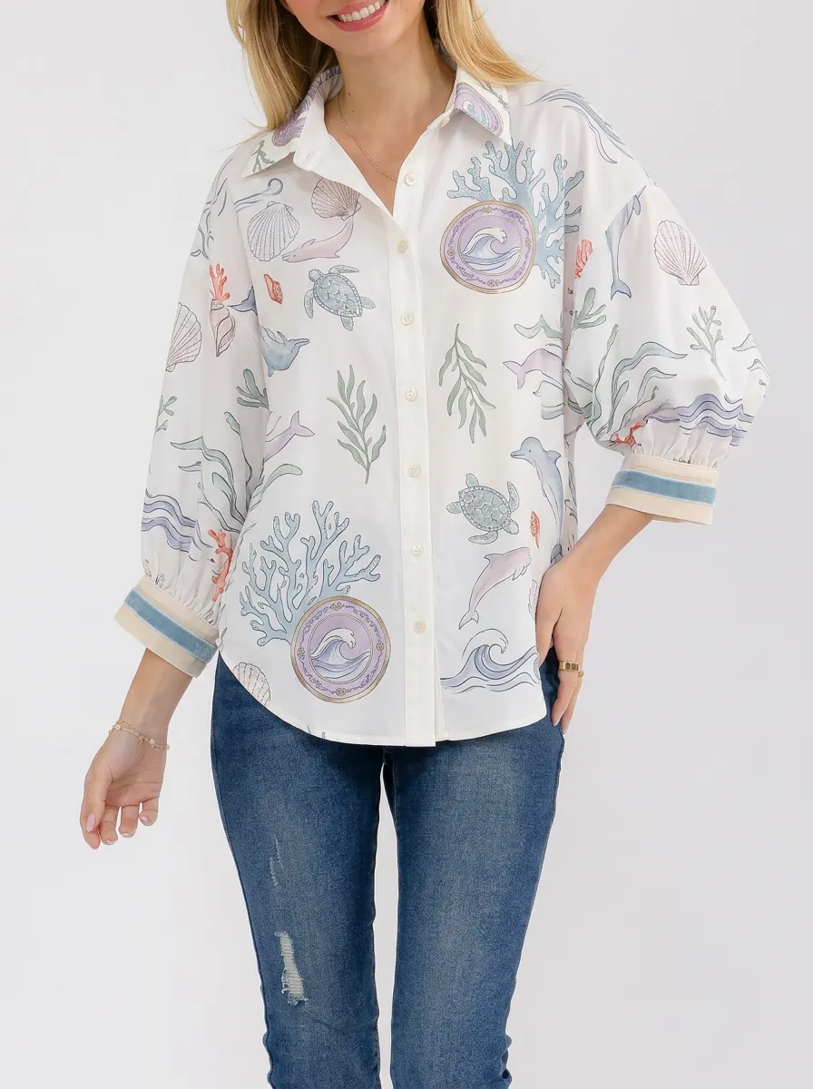 Women's Ocean Life Sea Turtle Dolphin Printed Button-Down Shirt