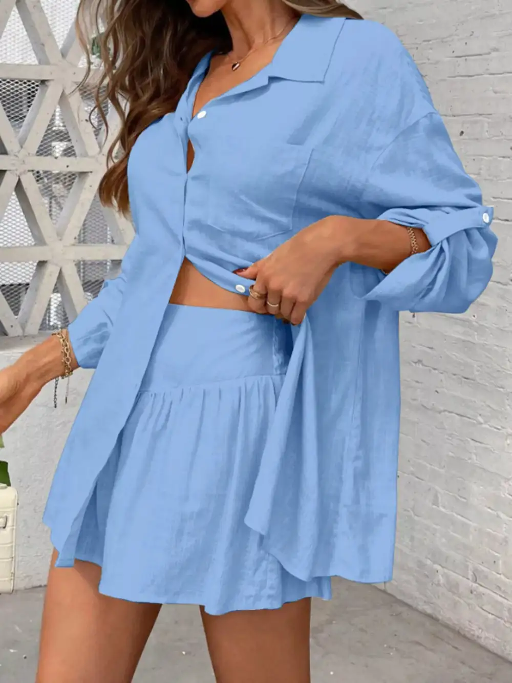 Button Up Roll Up Sleeve Shirt Shorts Set