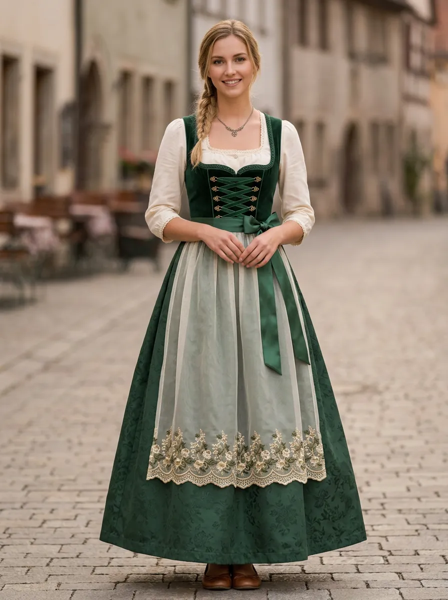 Floral Embroidered Velvet Bodice Square Neck Traditional Women's Bavarian Oktoberfest Dirndl Dress