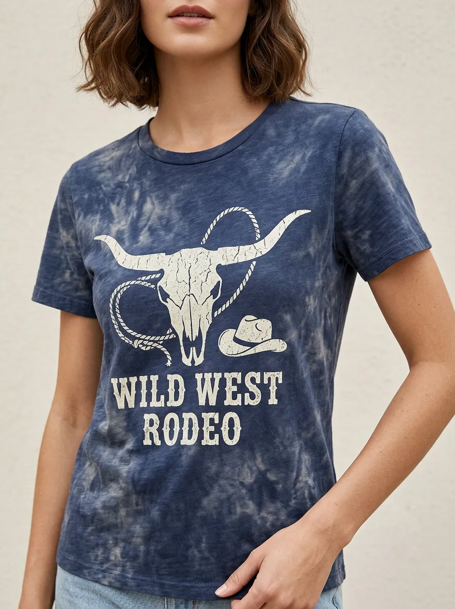 Wild West Rodeo Cow Skull Printed Tie-Dye T-shirt