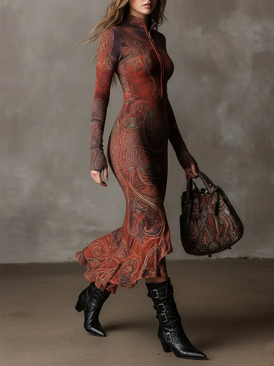 Bohemian Half-zip Ethnic Printed Fishtail Hem Midi Dress