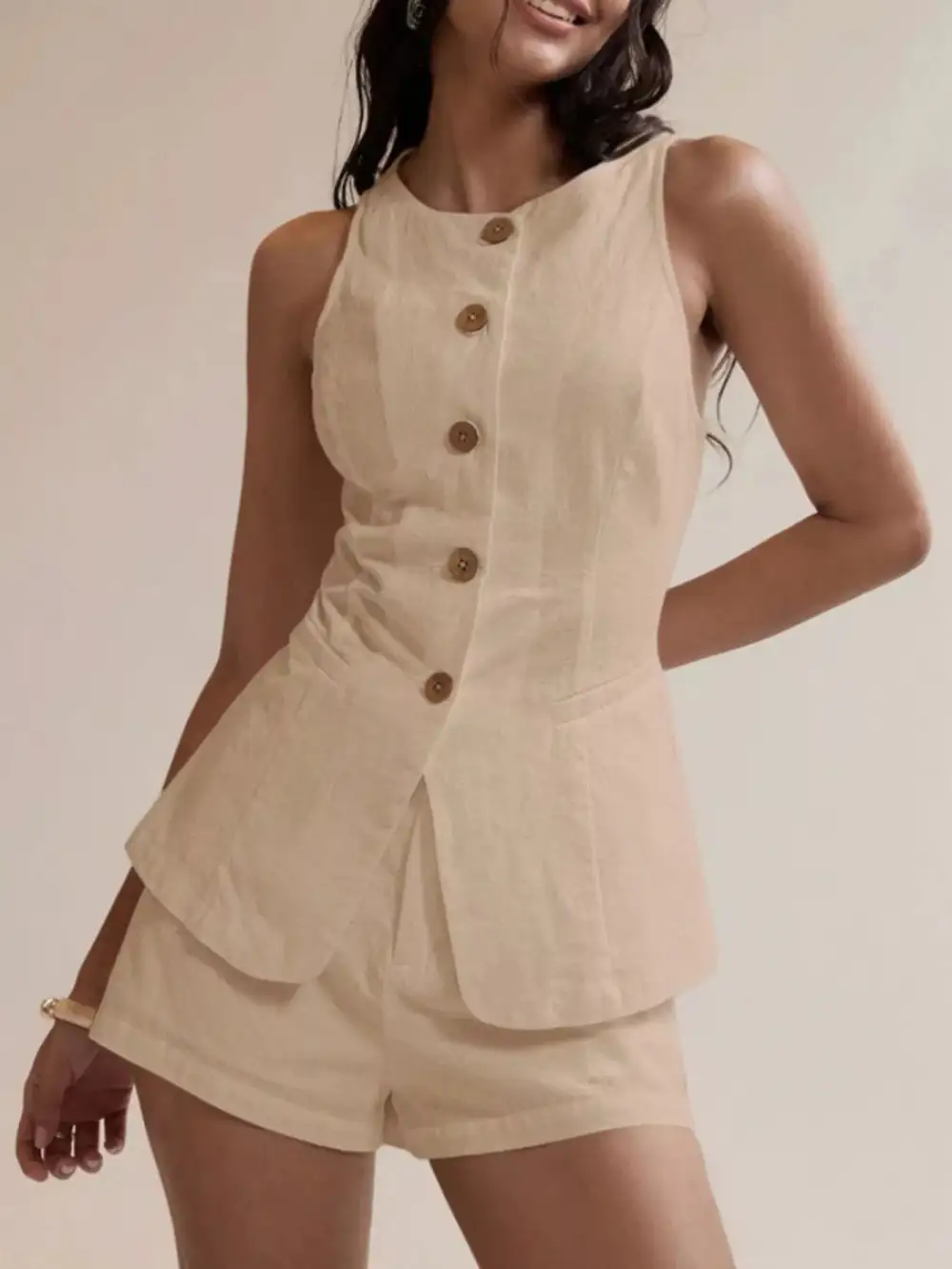 Button Down Sleeveless Top Shorts Set