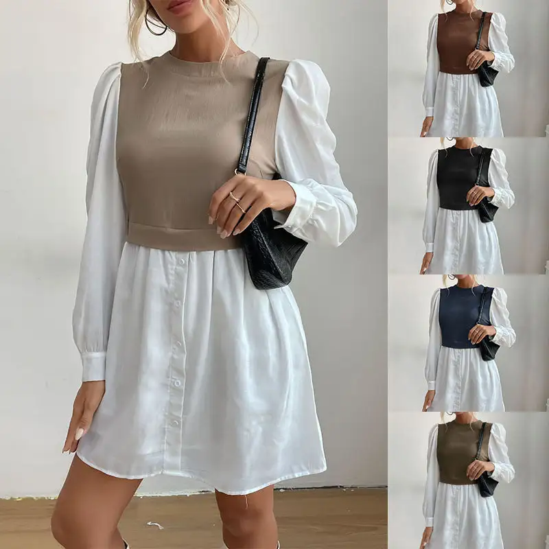 Women's Shirt Puff-Sleeve Button-Detail Dress