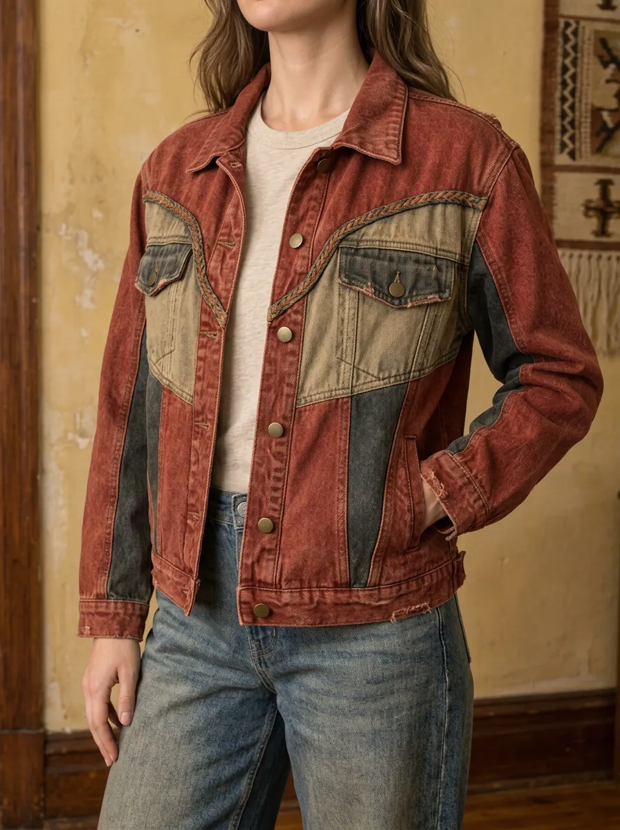 Women's Western Style Colorblock Distressed Denim Jacket