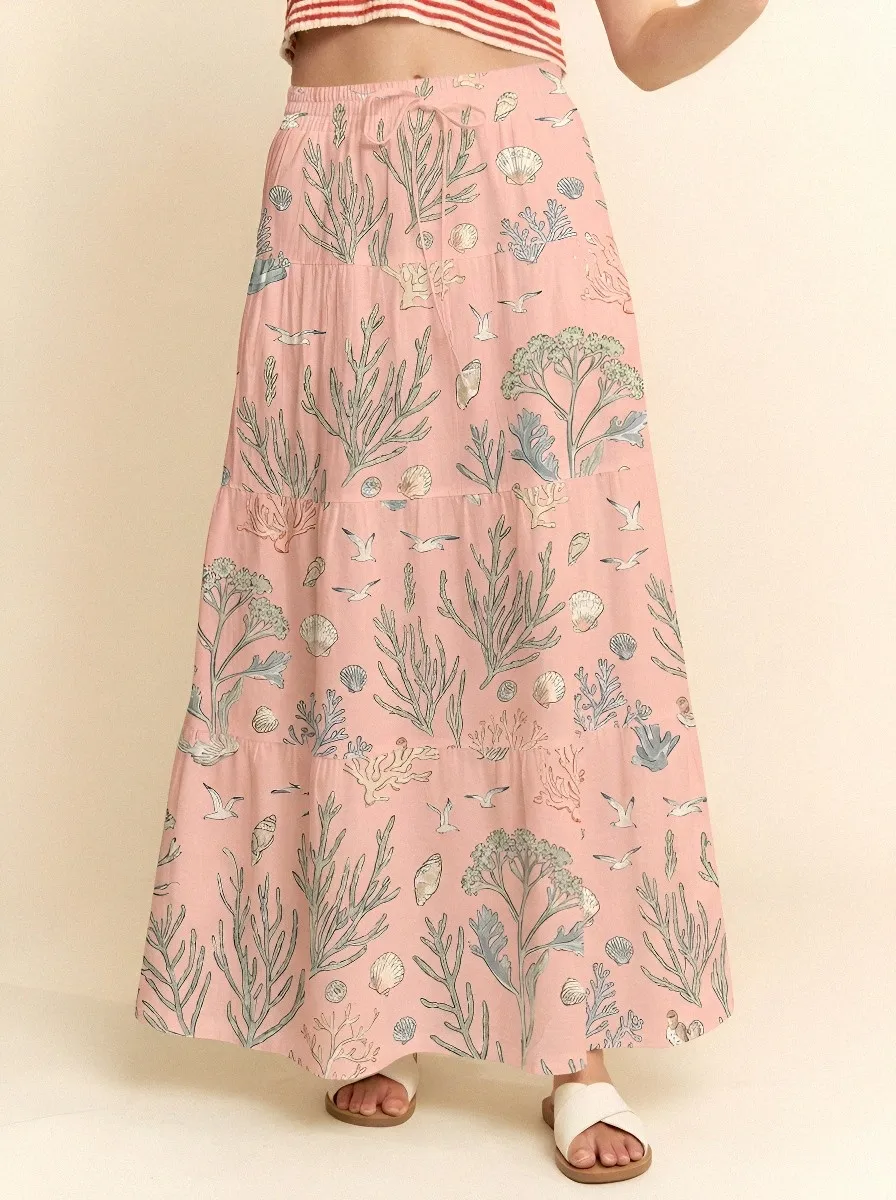 Women's Beach Lover Coral Seashell Seagull Printed Maxi Skirt