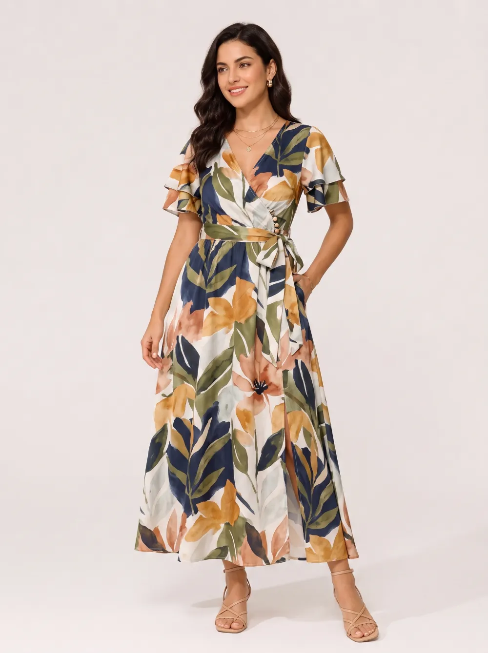 Women's Summer Tropical Floral Printed Wrap Maxi Dress
