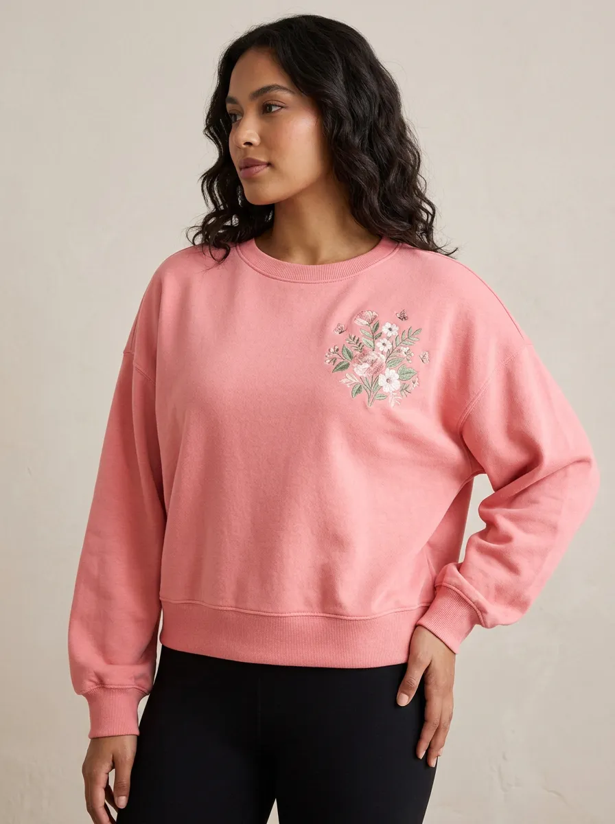Women's Floral Lover Pink Botanical Embroidered Printed Sweatshirt