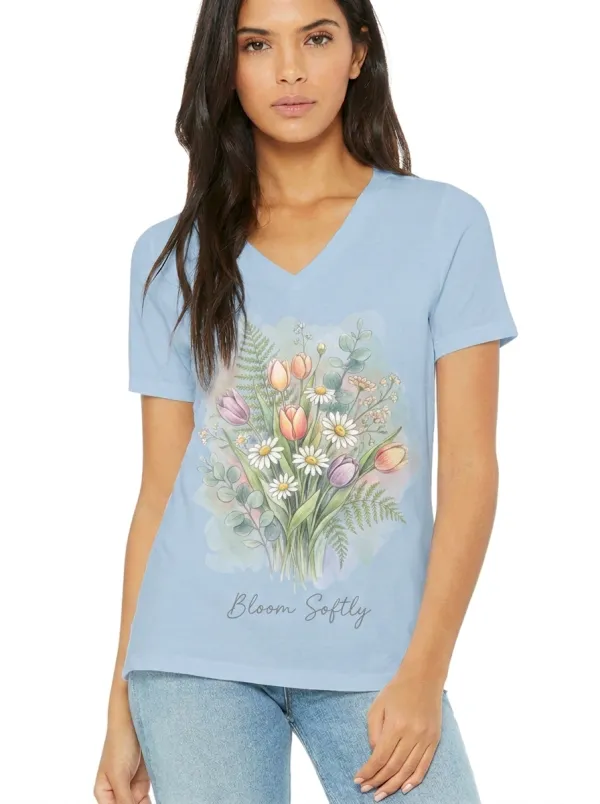 Women's Floral Lover Bloom Softly Watercolor Bouquet Printed V-neck T-shirt