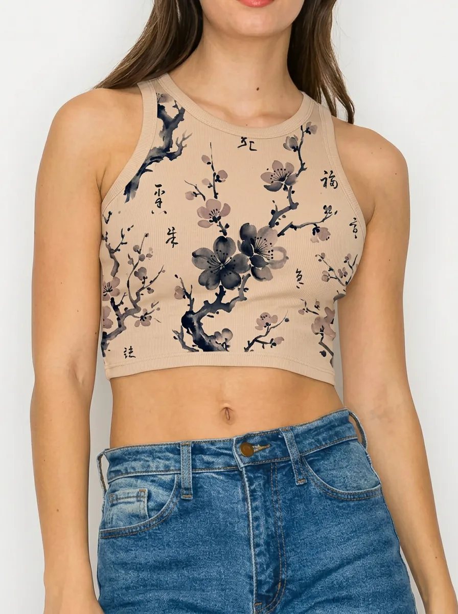 Women's Asian Floral Ink Wash Calligraphy Printed Crop Tank Top
