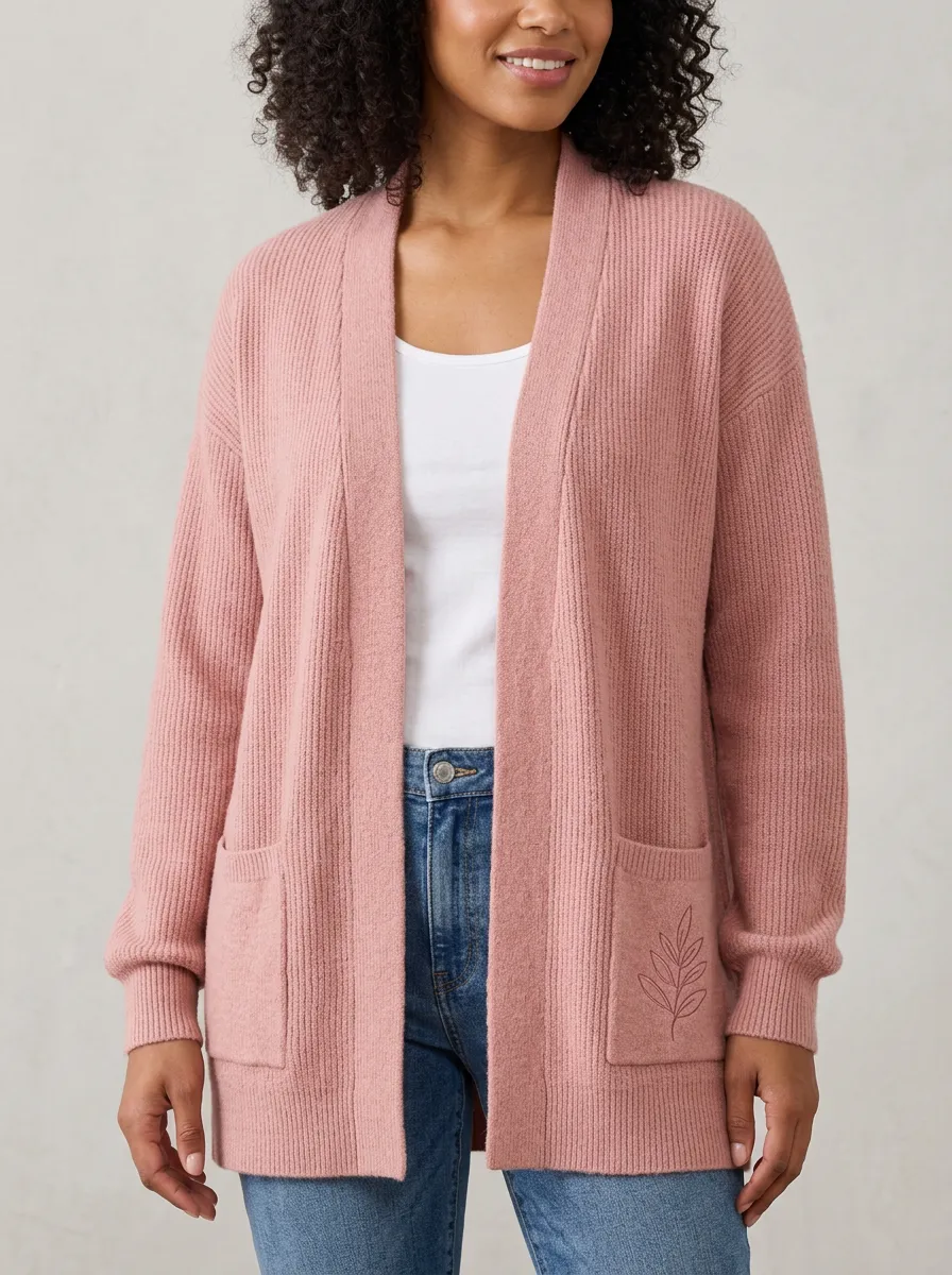 Pink Botanical Leaf Minimalist Print Ribbed Cardigan