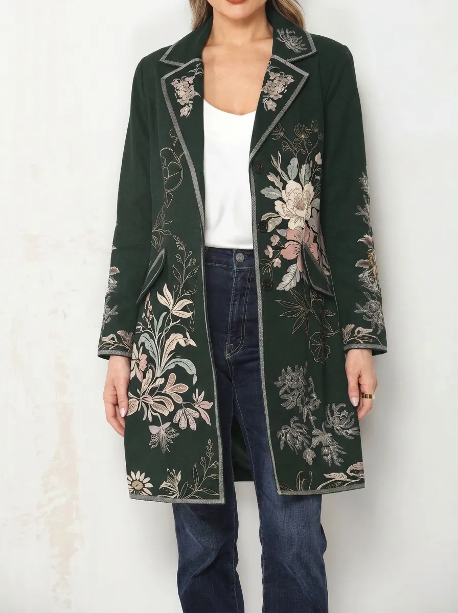 Women's Vintage Floral Botanical Embroidered Printed Blazer Coat