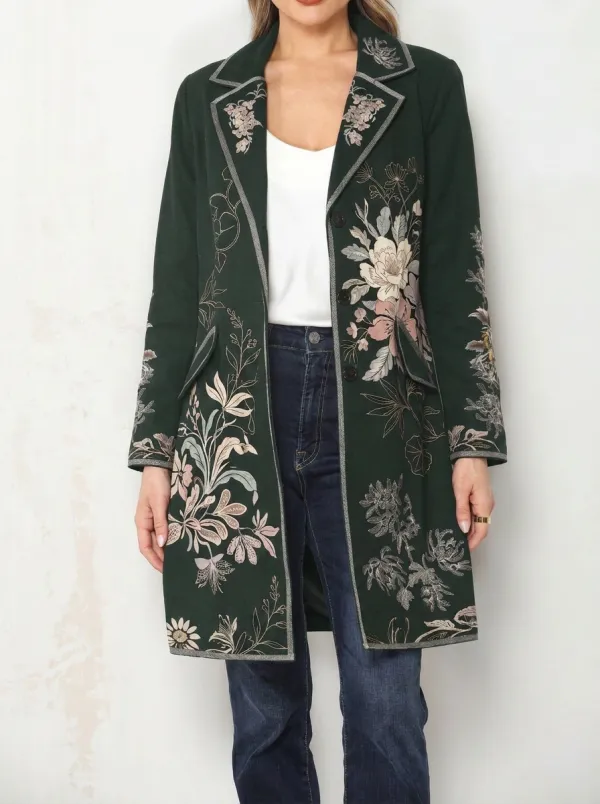 Women's Vintage Floral Botanical Embroidered Printed Blazer Coat
