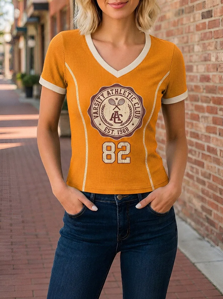 Women's Varsity Athletic Tennis Club 82 Printed V-Neck T-Shirt