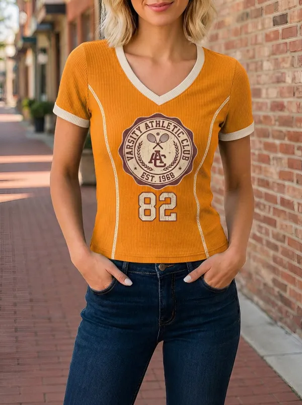 Women's Varsity Athletic Tennis Club 82 Printed V-Neck T-Shirt
