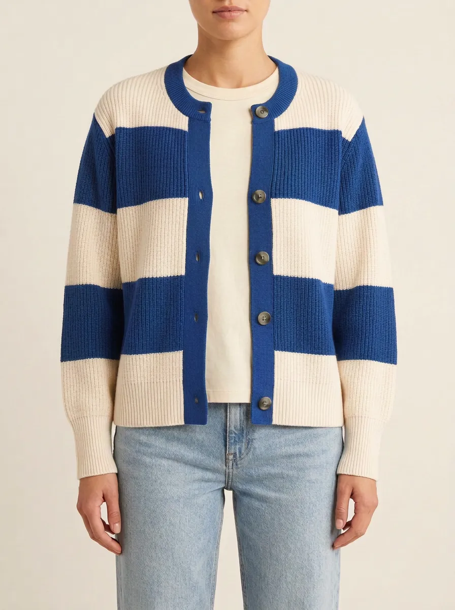 Classic Patterned Distinctive Rugby Striped Knit Cardigan